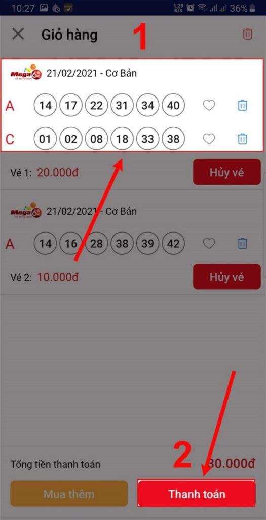 Bạn cần tiến hành kiểm tra lại những số đó và bấm Thanh toán để cập nhập vé số mới